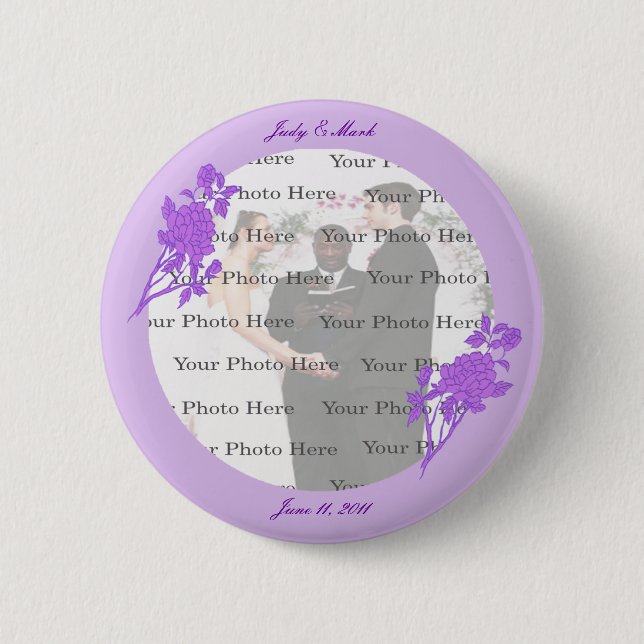 Macaron Rond 5 Cm Bouton de mariage personnalisé aux fleurs violette (Devant)
