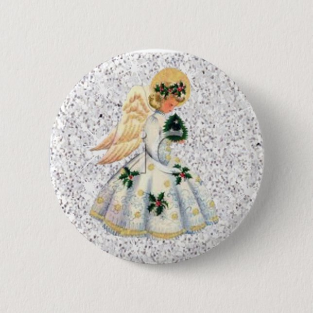 Macaron Rond 5 Cm Bouton de Noël Angel Glittery Argent (Devant)
