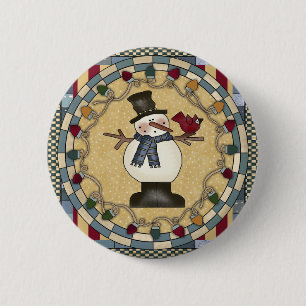 Macaron Rond 5 Cm Bouton de Noël - bonhomme de neige et oiseau roug