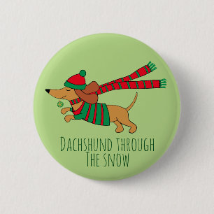 Macaron Rond 5 Cm Bouton de Noël Dachshund dans la neige