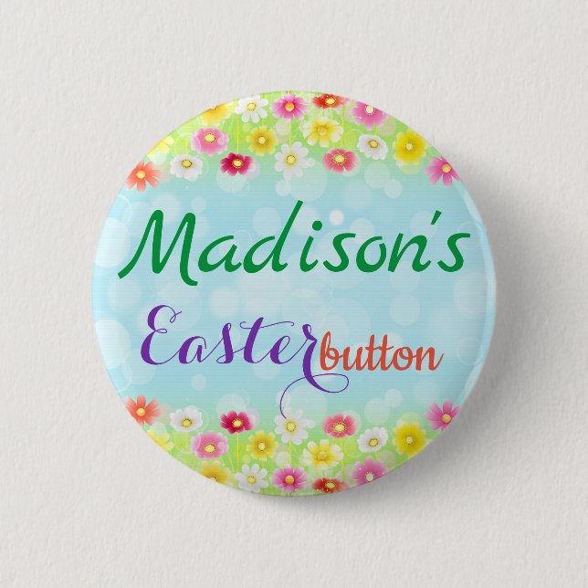 Macaron Rond 5 Cm Bouton de Pâques floral personnalisé Nom Balise (Devant)