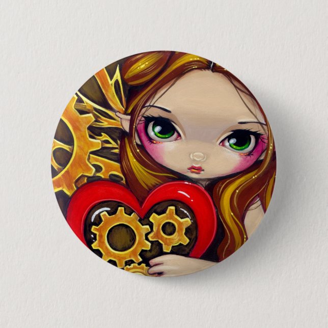 Macaron Rond 5 Cm "Bouton de Valentine de rouages" (Devant)