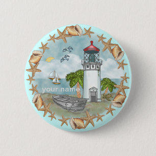 Macaron Rond 5 Cm Bouton d'épingle Hawaii Shells Lighthouse