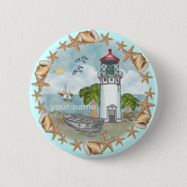 Macaron Rond 5 Cm Bouton d'épingle Hawaii Shells Lighthouse (Devant)