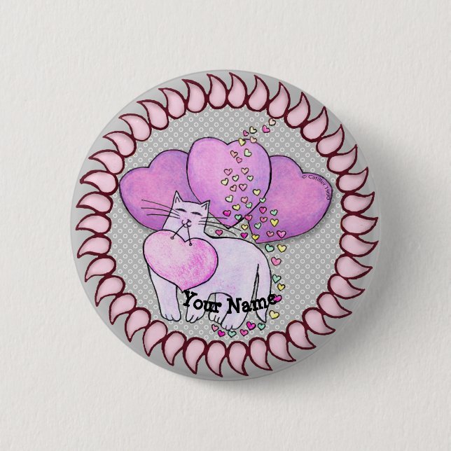Macaron Rond 5 Cm Bouton d'épingle Love Heart Cat (Devant)