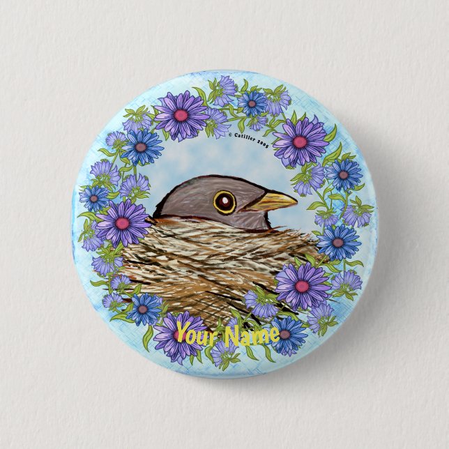 Macaron Rond 5 Cm Bouton d'épingle Oiseau dans le nid (Devant)