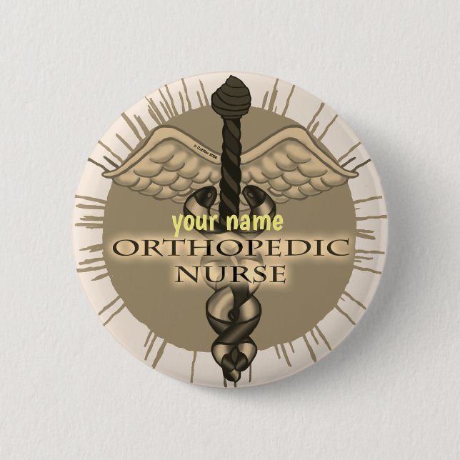 Macaron Rond 5 Cm Bouton d'épinglette Orthopédique Nurse Caduceus (Devant)