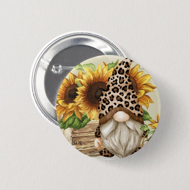Macaron Rond 5 Cm Bouton des tournesols Léopard Gnome (Devant & derrière)