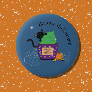 Macaron Rond 5 Cm Bouton d'Halloween bleu Cute Black Cat and Cupcake