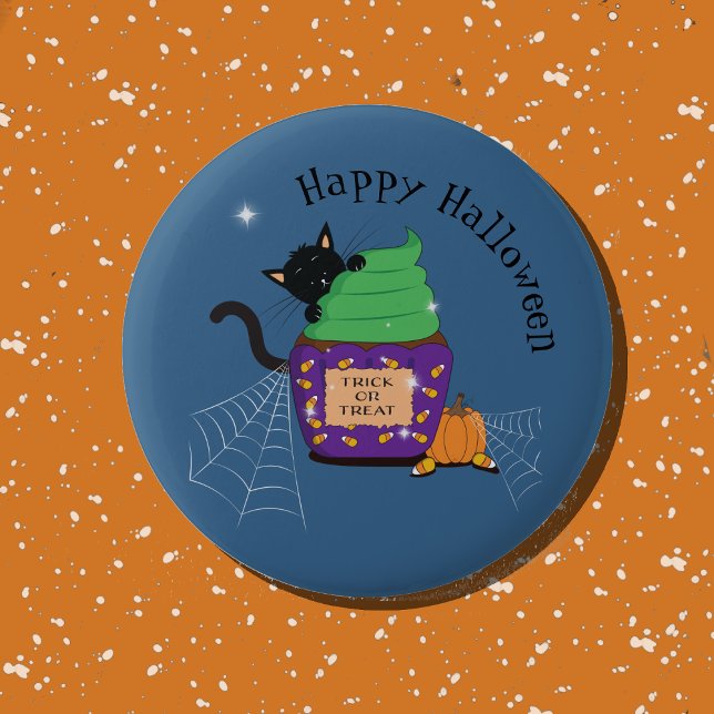 Macaron Rond 5 Cm Bouton d'Halloween bleu Cute Black Cat and Cupcake (Cute black cat Halloween blue button .)