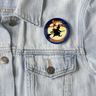 Macaron Rond 5 Cm Bouton d'Halloween sorcière sur la lune
