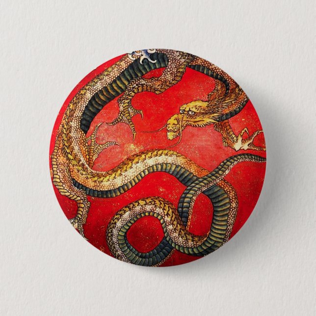 Macaron Rond 5 Cm Bouton Dragon japonais d'or Hokusai (Devant)