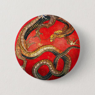 Macaron Rond 5 Cm Bouton Dragon japonais d'or Hokusai