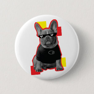Macaron Rond 5 Cm Bouton drôle de Bouledogue Français avec lunettes 