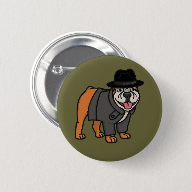 Macaron Rond 5 Cm Bouton Drôle Inspecteur Anglais Bulldog (Devant & derrière)