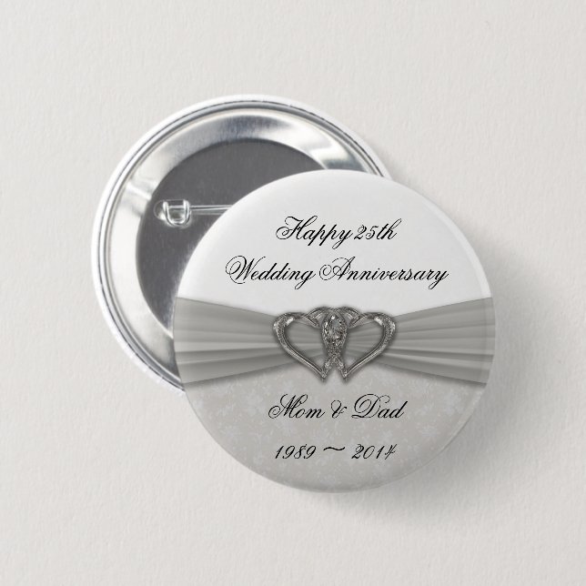 Macaron Rond 5 Cm Bouton du 25e anniversaire du Mariage Damask (Devant & derrière)