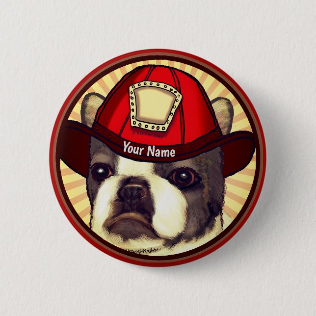Macaron Rond 5 Cm Bouton épingle du pompier Boston Terrier (Devant)