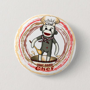 Macaron Rond 5 Cm Bouton épinglé Sock Monkey Chef