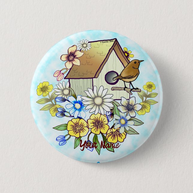 Macaron Rond 5 Cm Bouton épinglette Birdhouse Wren (Devant)