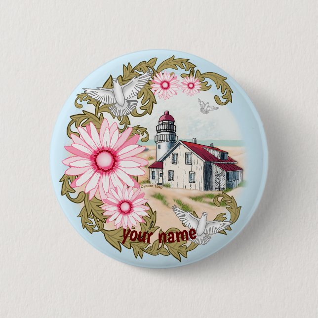 Macaron Rond 5 Cm Bouton épinglette du phare rose Daisy (Devant)