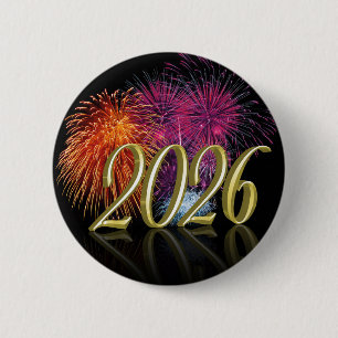 Macaron Rond 5 Cm Bouton Feux d'Artifice Bonne Année Or 2026
