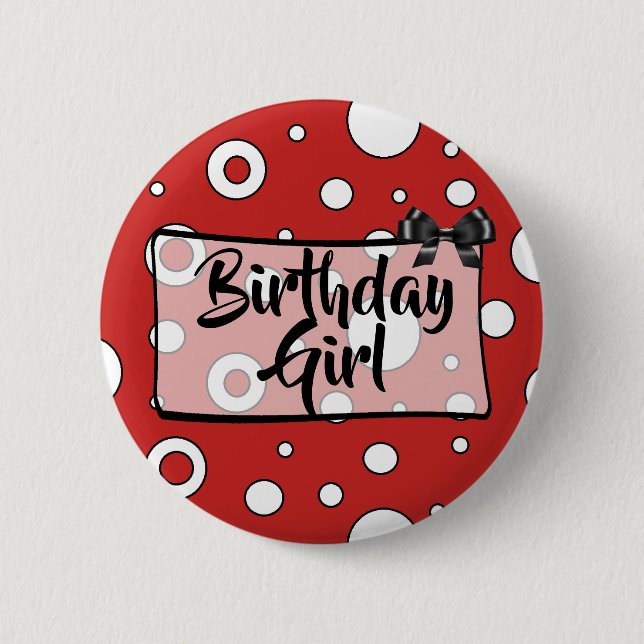 Macaron Rond 5 Cm Bouton Fille Anniversaire Noir, blanc et Bow Rouge (Devant)