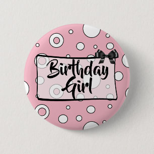 Macaron Rond 5 Cm Bouton Fille Anniversaire Noir, blanc et rose Bow