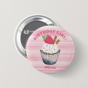 Macaron Rond 5 Cm Bouton fille rose anniversaire