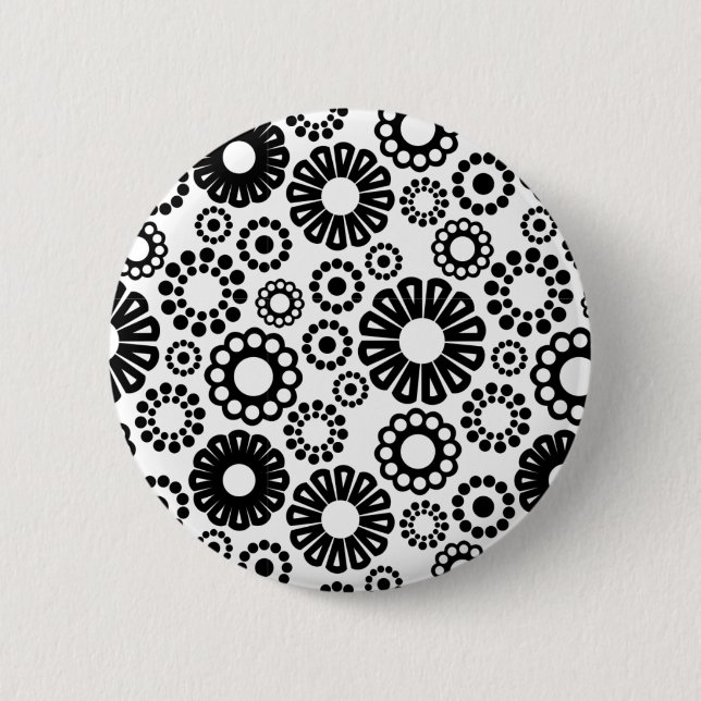 Macaron Rond 5 Cm Bouton floral noir et blanc (Devant)