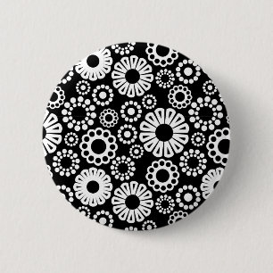Macaron Rond 5 Cm Bouton floral noir et blanc