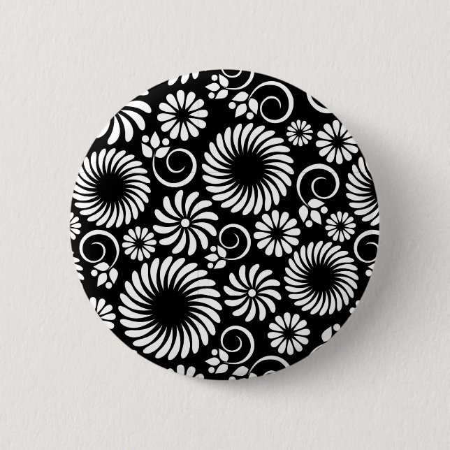 Macaron Rond 5 Cm Bouton floral noir et blanc (Devant)