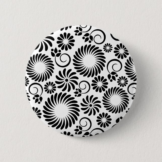 Macaron Rond 5 Cm Bouton floral noir et blanc (Devant)