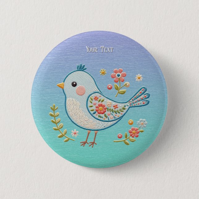Macaron Rond 5 Cm Bouton Floral Petit Oiseau Bleu (Devant)
