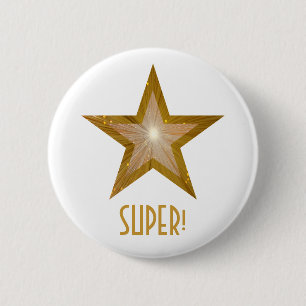Macaron Rond 5 Cm Bouton "Gold" Star 'SUPER ! ' blanc