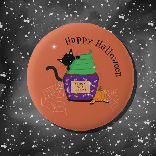 Macaron Rond 5 Cm Bouton Halloween Chat Noir Orange