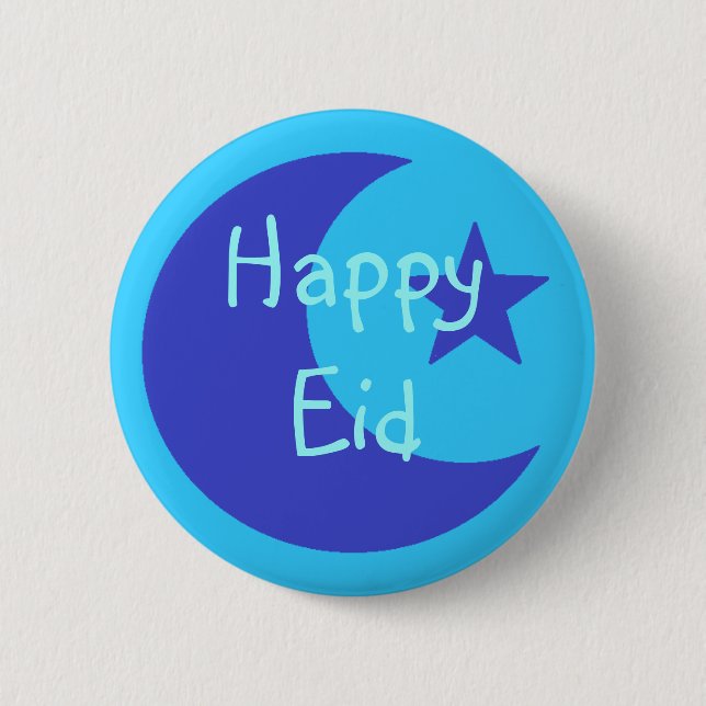 Macaron Rond 5 Cm Bouton heureux bleu d'Eid (Devant)