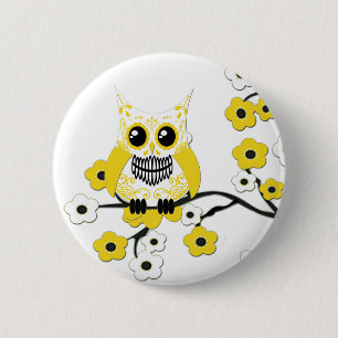 Macaron Rond 5 Cm Bouton jaune de hibou de fleurs de cerisier
