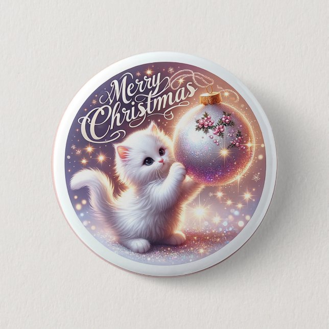 Macaron Rond 5 Cm Bouton Joyeux Noël avec chaton (Devant)