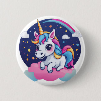 Macaron Rond 5 Cm Bouton Licorne Joyeuse et Fantaisiste sur Nuage Ro