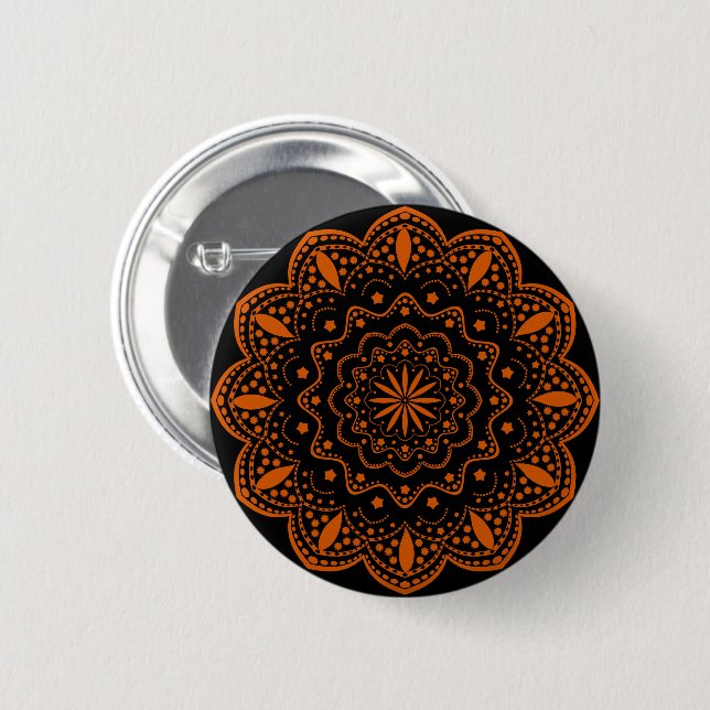 Macaron Rond 5 Cm Bouton Mandala | Noir et orange (Devant & derrière)