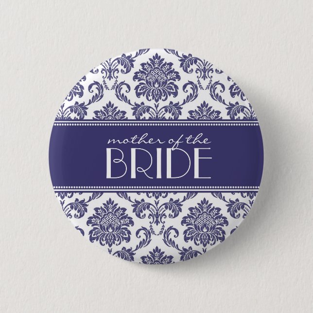 Macaron Rond 5 Cm Bouton Mère de la mariée Damask en bleu (Devant)