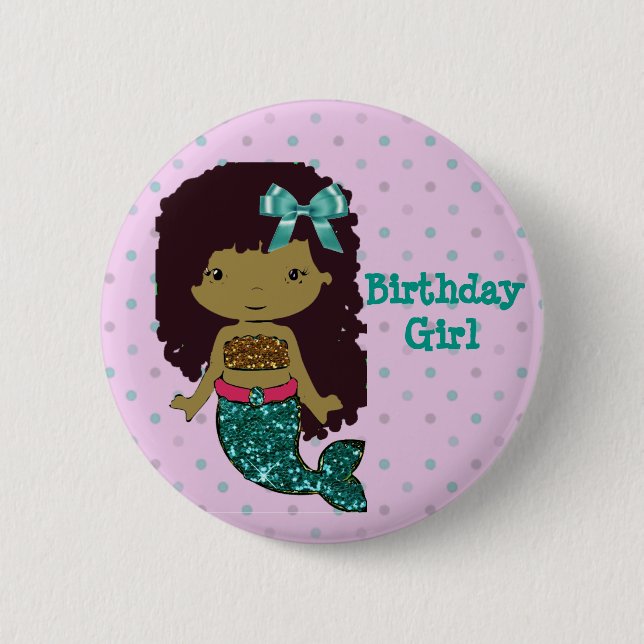 Macaron Rond 5 Cm Bouton Mermaid Thème "Fille d'anniversaire" (Devant)