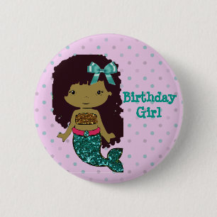 Macaron Rond 5 Cm Bouton Mermaid Thème "Fille d'anniversaire"