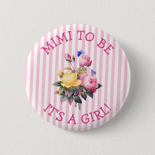 Macaron Rond 5 Cm Bouton MIMI pour Baby shower floral rose (Devant)