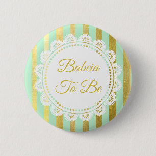 Macaron Rond 5 Cm Bouton Mint Green et Gold Striped Babcia to Be
