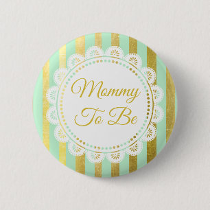 Macaron Rond 5 Cm Bouton Mint Green et Gold Striped Mommy to Be