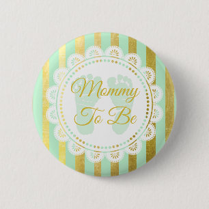 Macaron Rond 5 Cm Bouton Mint Green et Gold Striped Mommy to Be