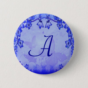 Macaron Rond 5 Cm Bouton Monogramme bleu floral déco