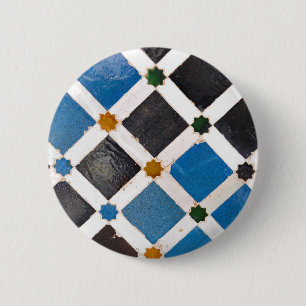 Macaron Rond 5 Cm Bouton Motif géométrique bleu et orange