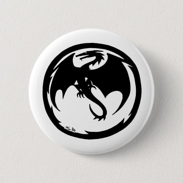 Macaron Rond 5 Cm Bouton noir Dragon blanc (Devant)